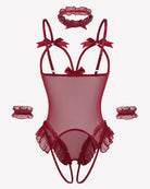 Red sheer mesh teddy bodysuit with bow shoulder straps and ruffled leg openings