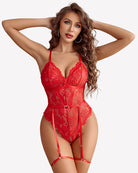 Red lace crotchless bodysuit with garter belt, lace cups, suspender-style straps