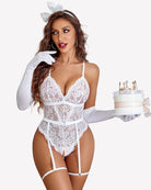White lace crotchless bodysuit with garter belt, lace cups, suspender garter straps