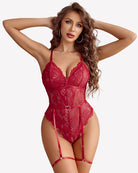 Red lace crotchless bodysuit with garter belt, lace cups, heart waist detail
