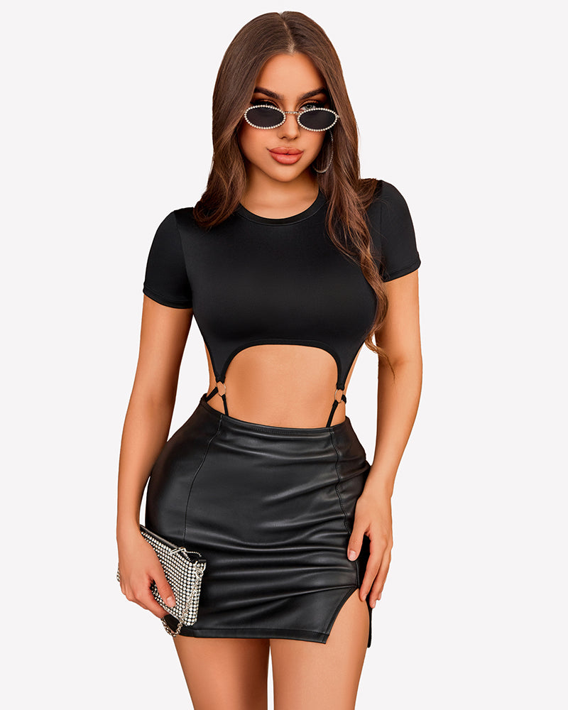 Black crew neck bodysuit with thong cutout; paired with black mini skirt