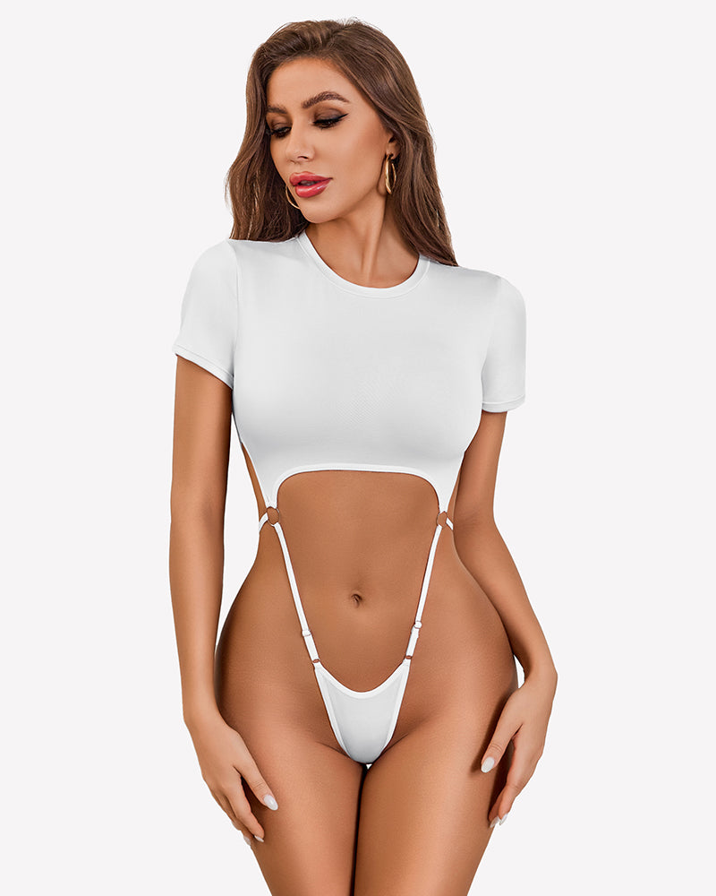 White short-sleeve crew-neck bodysuit with slim fit and thong-style bottom