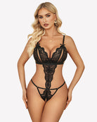 Black lace deep V crotchless teddy with scalloped trim and thin shoulder straps