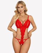 Red lace deep V teddy bodysuit with underwire cups and crotchless front