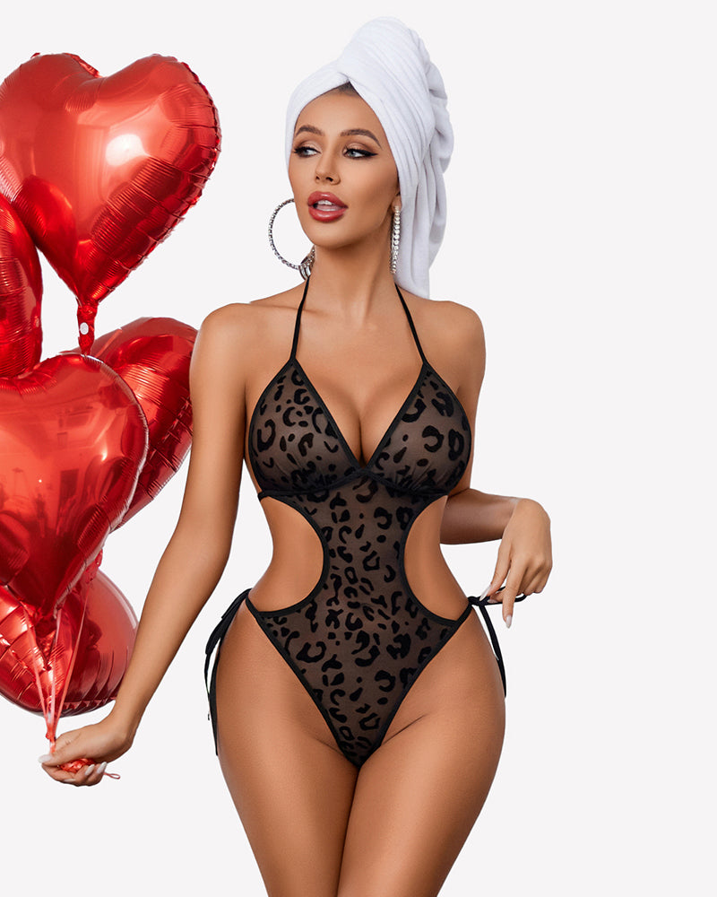 Leopard print mesh deep V teddy bodysuit with cutouts and tie-side straps