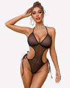 Mesh deep V teddy bodysuit in black with cutouts and tie-side details