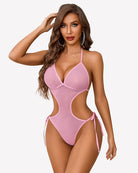 Pink deep V teddy bodysuit with mesh cutouts and tie side straps