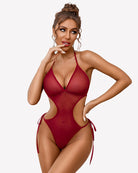 Red deep V mesh cutout bodysuit with tie side straps and thin halter