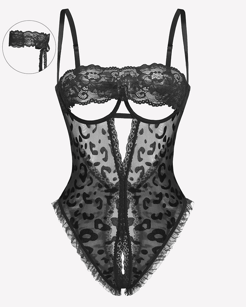 Black lace V-neck crotchless teddy with leopard-print sheer panels and adjustable straps.