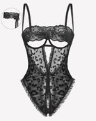 Black lace V-neck crotchless teddy with leopard-print sheer panels and adjustable straps.