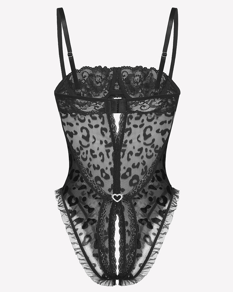 Black sheer leopard-print crotchless teddy with lace V-neck and heart at crotch.