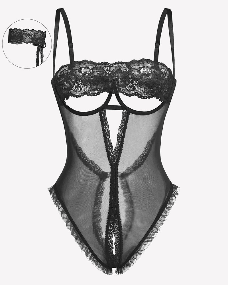 Black lace V-neck crotchless teddy with sheer panels and lace trim; adjustable straps.