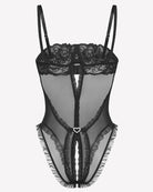 Black sheer crotchless teddy with lace V-neck, heart at crotch, and adjustable straps.