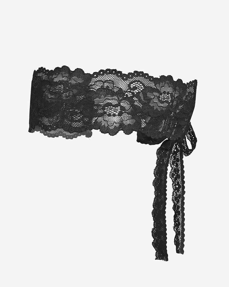 Black lace V-neck crotchless teddy with long bow tie detail at side.