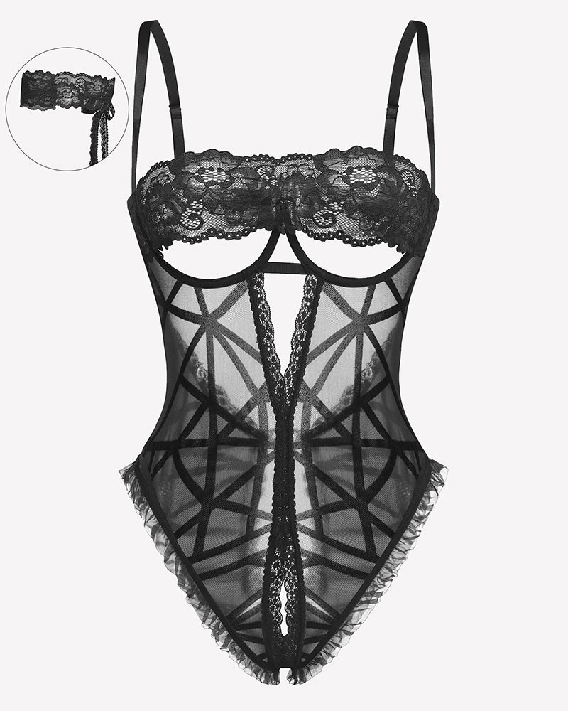 Black lace V-neck crotchless teddy with crisscross mesh pattern and lace trim.