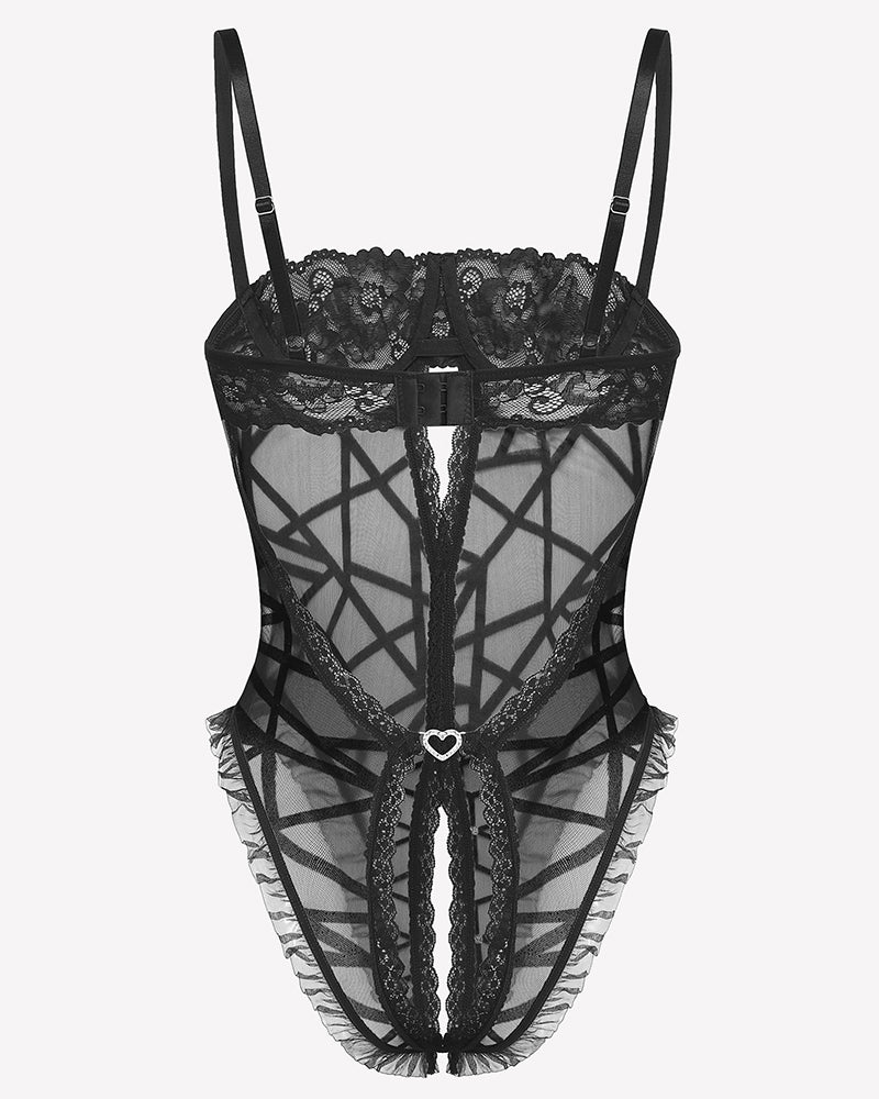 Black lace V-neck crotchless teddy with intersecting line mesh and heart at crotch.