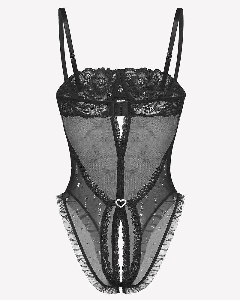 Black lace crotchless teddy with V-neck and lace garter straps