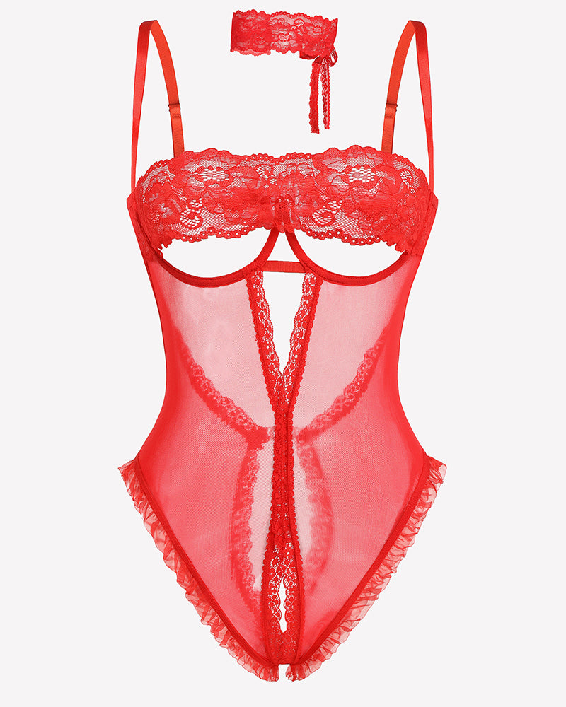 Red lace crotchless teddy with V-neck lace panels and heart crotch detail