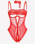 Red lace crotchless teddy with V-neck lace panels and heart crotch detail