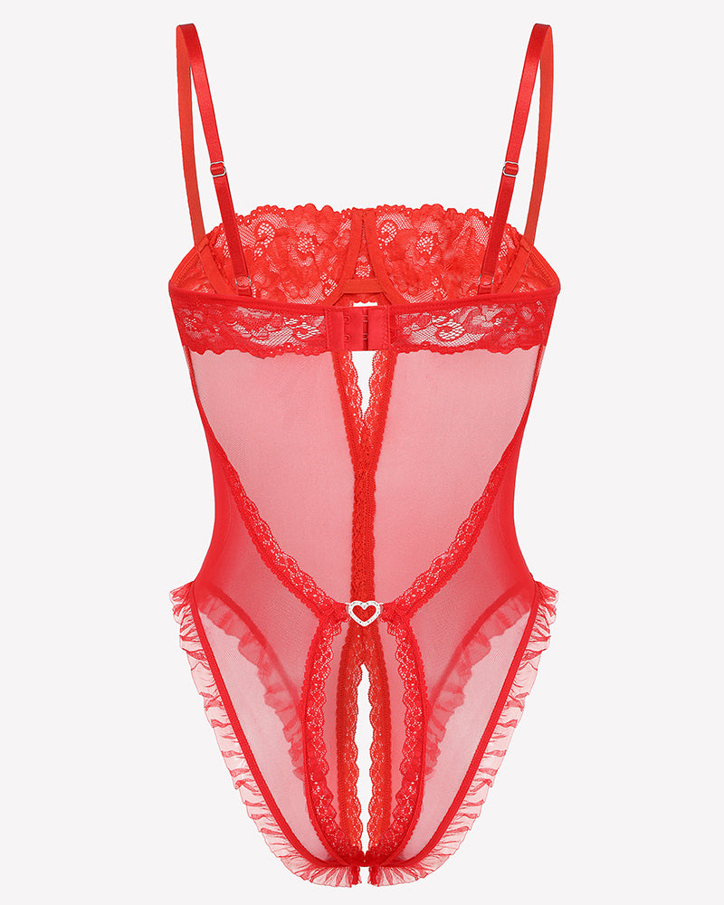 Red lace crotchless teddy front with V-neck lace panels and garter straps