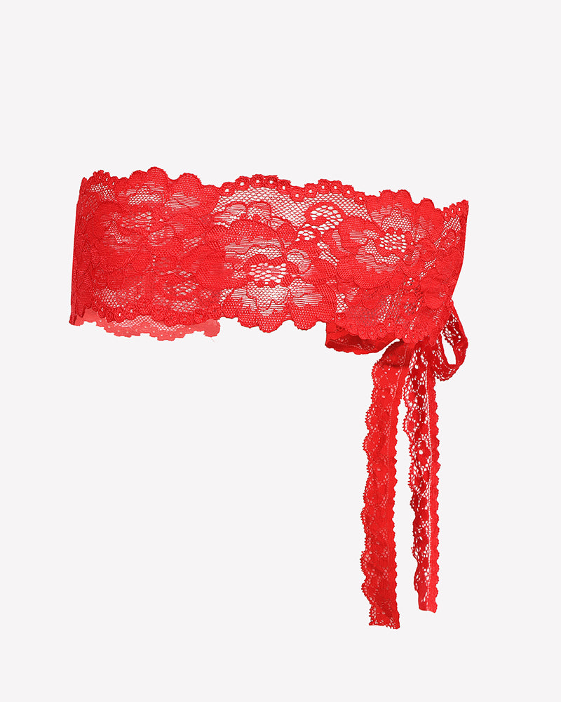 Red lace crotchless teddy lace top with long tie strap details