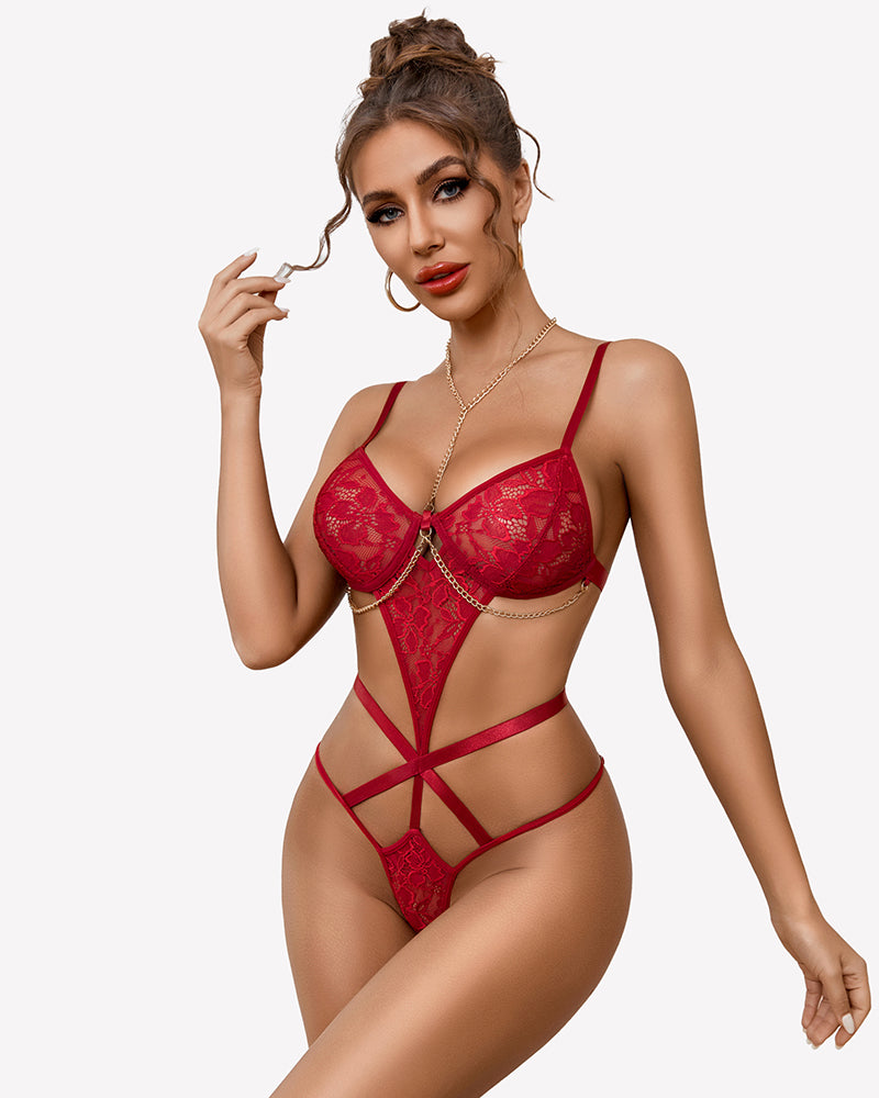 Dark red lace cut-out bodysuit with underwire cups and crisscross strap front