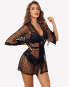 Black lace kimono robe with bra and panty set, V-neck bra and tie-waist panty
