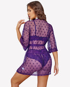 Purple lace kimono robe with bra and panty set, sheer back with waist tie