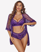 Purple lace kimono robe with bra and panty set, lace balconette bra and briefs