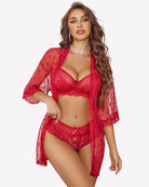 Red lace kimono robe with bra and panty set, sheer kimono overlay