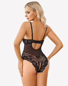Black lace teddy bodysuit with open-back cutout and adjustable thin straps