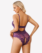Purple lace teddy bodysuit with open-back cutout and scalloped lace trim
