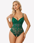 Green lace V-neck teddy bodysuit with underwire cups and sheer corset center panel