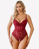 Red V-neck lace teddy one-piece bodysuit with underwire cups and sheer corset panel