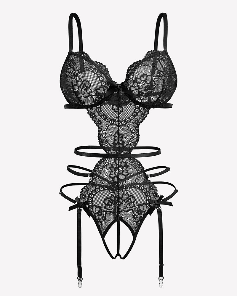 Black lace lingerie set with deep V bra, cutout detail, and garter straps