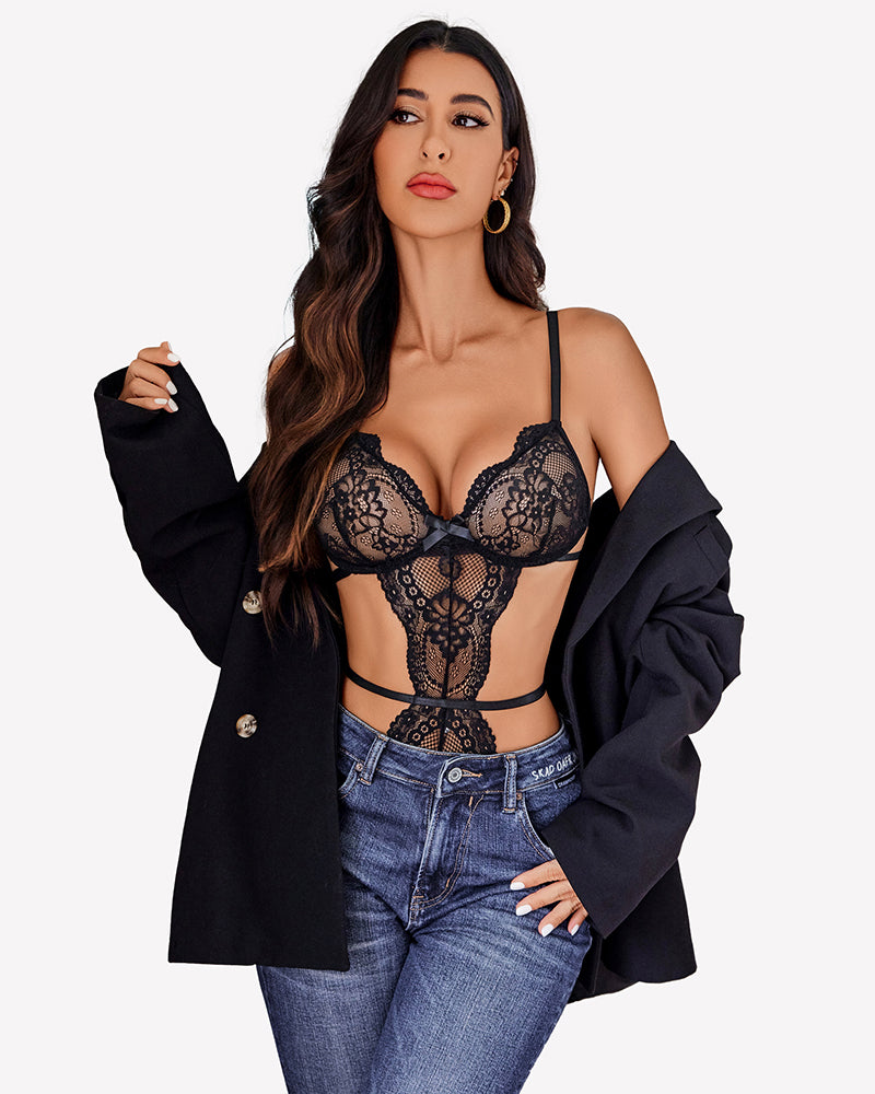 Black lace deep V teddy set with cutouts and garter straps, worn with jacket