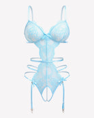 Light blue lace cut-out garter set with deep V bra, teddy, and ribbon garters