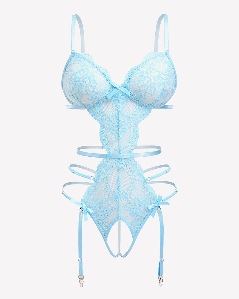 Light blue lace cut-out garter set with deep V bra, teddy, and ribbon garters
