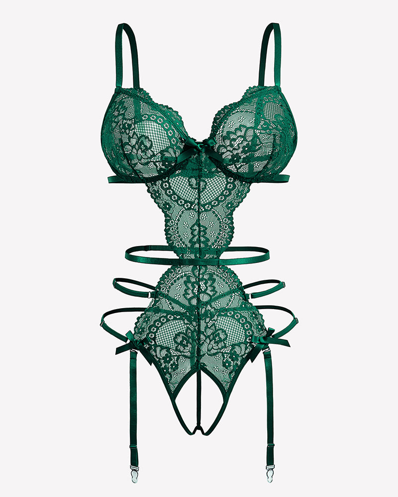 Dark green lace cut-out garter set with deep V bra, teddy, and hanging garters