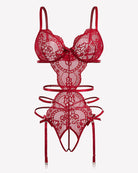 Wine red lace cut-out garter set with deep V bra, teddy, and dangling garters