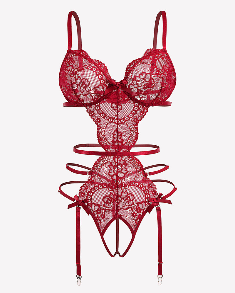 Wine red lace cut-out garter set with deep V bra, teddy, and dangling garters