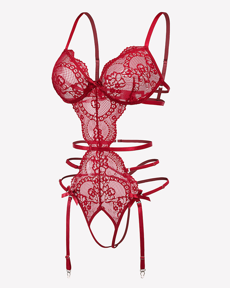 Red lace deep V teddy lingerie set with cutouts, garter straps, and matching thong