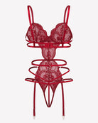Red lace deep V garter teddy set with matching bra and strappy thong
