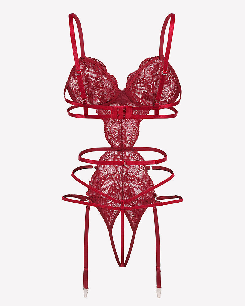 Red lace deep V garter teddy set with matching bra and strappy thong