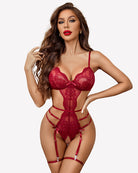 Wine red lace deep V teddy set with cutout front, garter straps, and thong