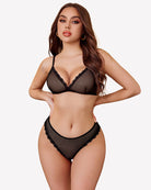 Black mesh lace bra and high-rise panty set with scalloped trim and triangle cups