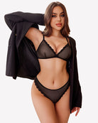 Black mesh lace bra and panty set with lace trim, triangle cups, and high-rise briefs