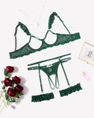 Green lace bra and garter panty lingerie set with ruffled edges