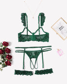 Green floral lace lingerie set with bra, garter straps and thong-style panty