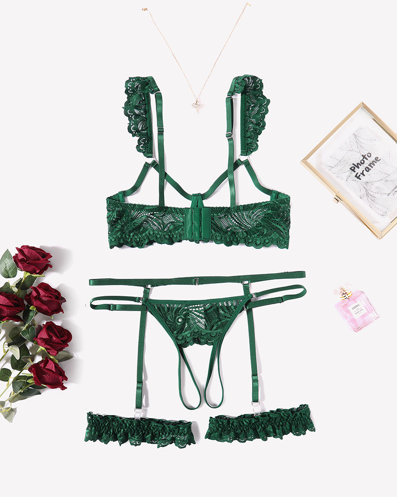 Green floral lace lingerie set with bra, garter straps and thong-style panty